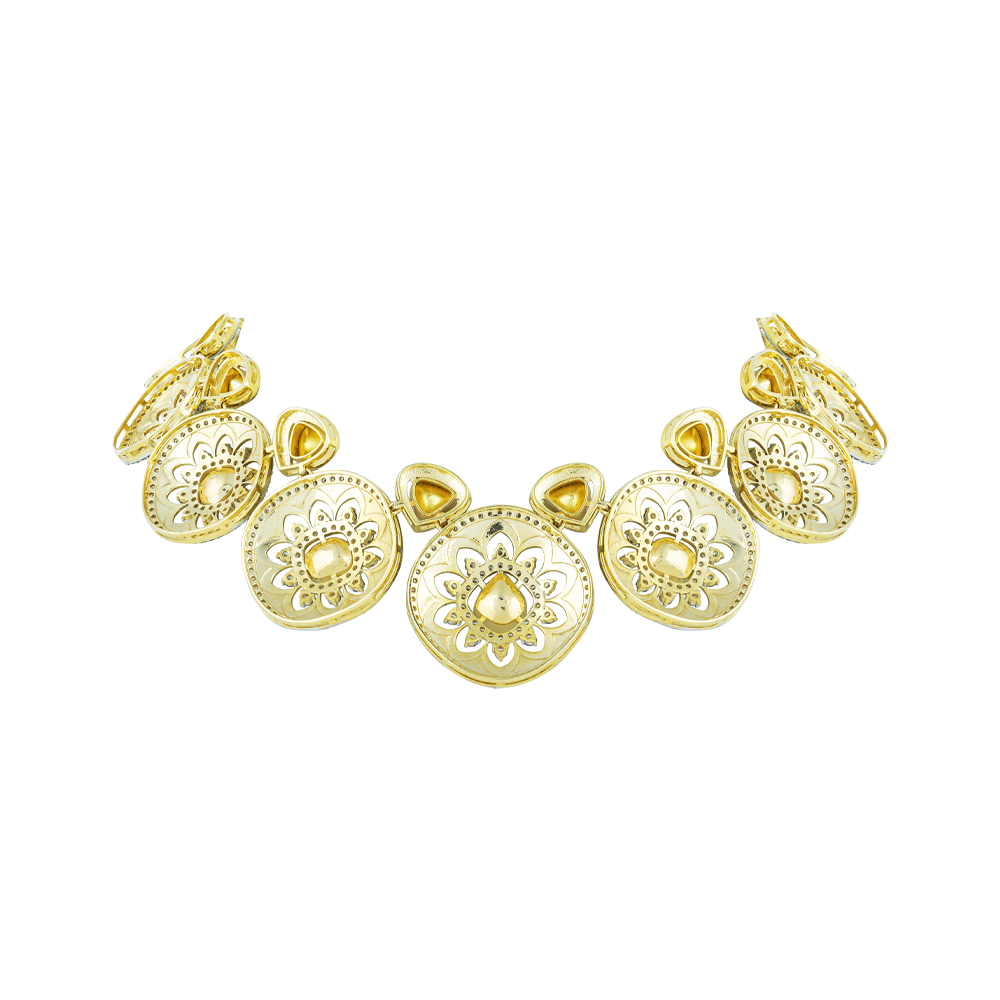 Blue Enamel Polki Necklace with Flower Motifs & Diamond Halos